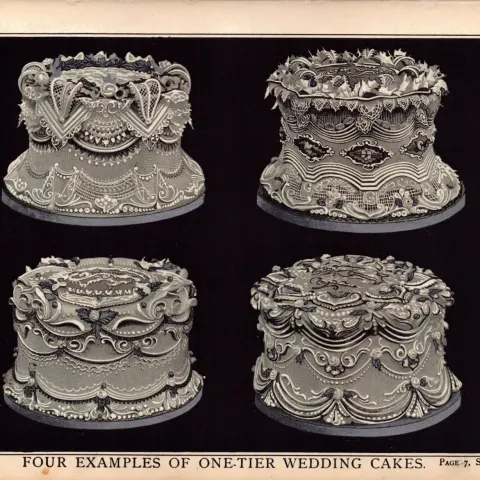1-Tier Wedding Cake 4 Examples Antique Chromolithograph Victorian Print