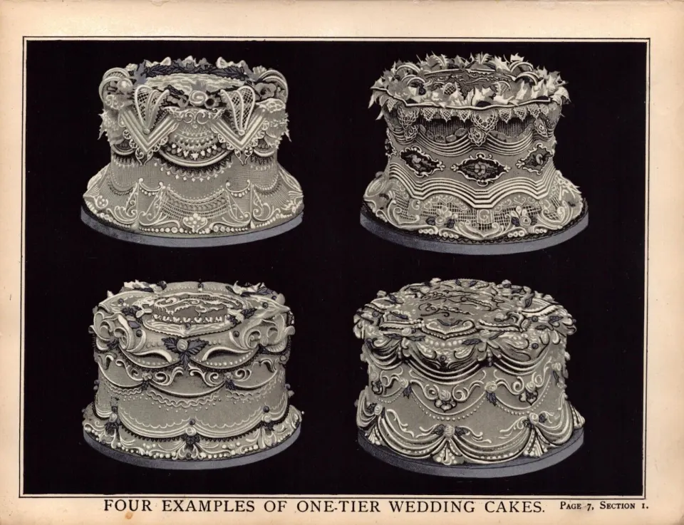 1-Tier Wedding Cake 4 Examples Antique Chromolithograph Victorian Print