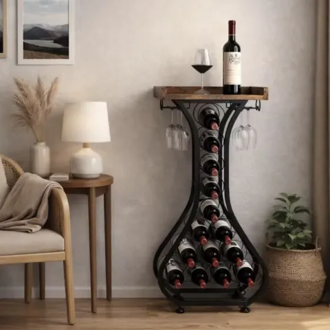Freestanding Wine Rack & Mini Bar Table – 14 Bottle Wine Storage Cabinet With Glass Holder & Wooden
