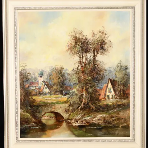Oil on Canvas Village Scene.