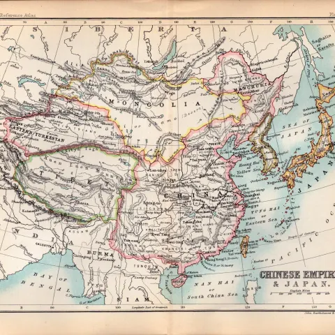 Chinese Empire & Japan Double Sided Antique 1896 Map.