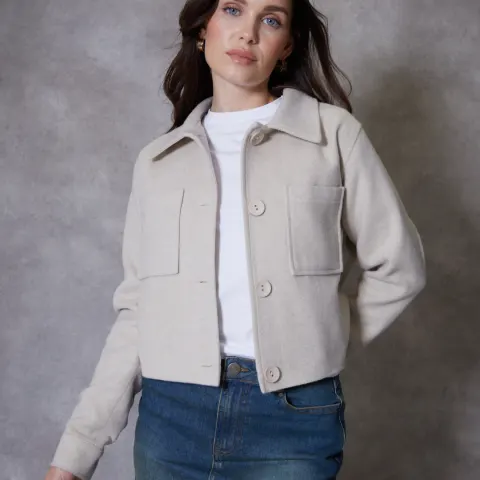 Threadbare Ecru Cropped Brushed Shacket Woolen Ladies Jacket Top Size UK XL / 16