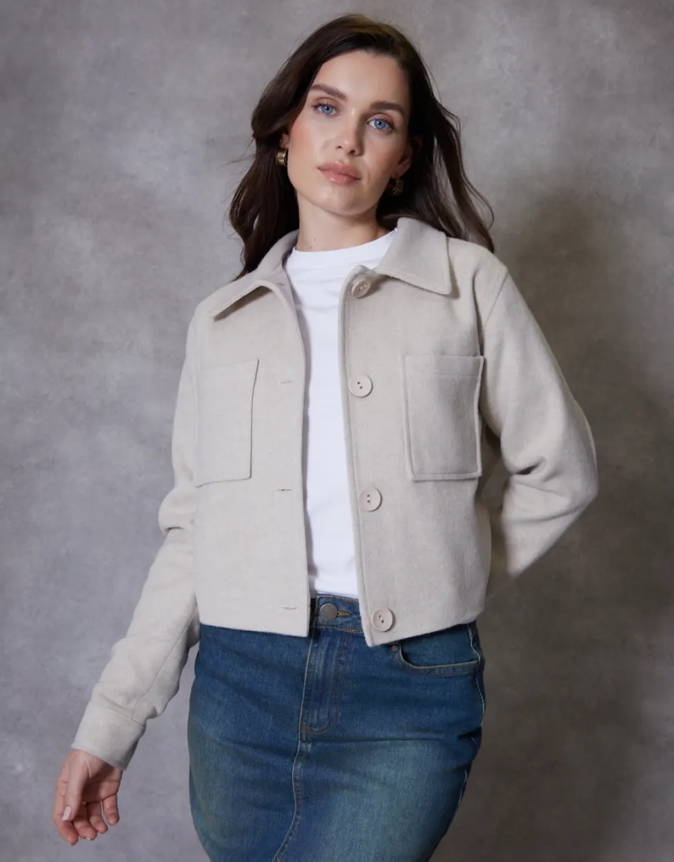 Threadbare Ecru Cropped Brushed Shacket Woolen Ladies Jacket Top Size UK XL / 16