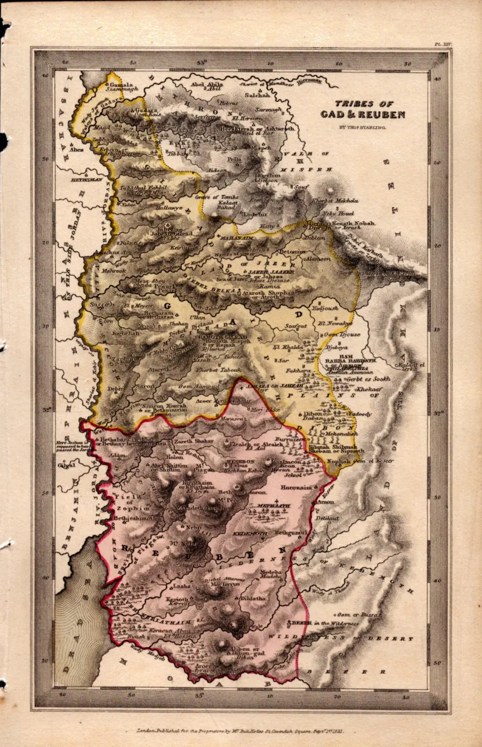Tribes of Gad & Reuben Antique Detailed Biblical William IV Map.