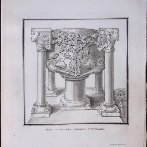 Cornwall Bodmin Church Font Rare Antique Copper Plate Etching By S Lyons