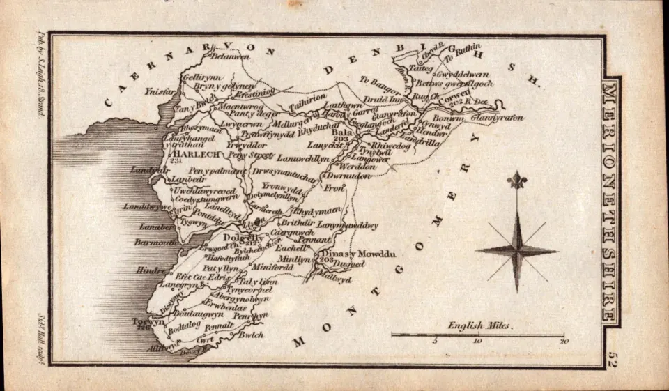 Wales Merionethshire Antique Copper Engraved Map by Sidney Hall.