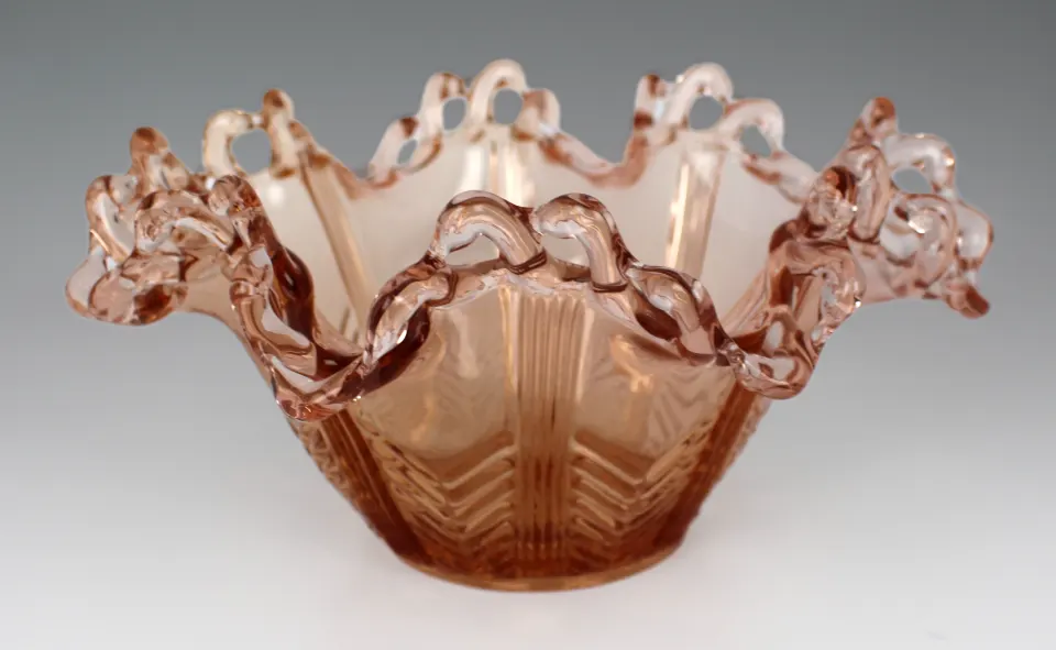 Vintage Brev Italian Pink Glass Pierced Rim Ruffled Bowl