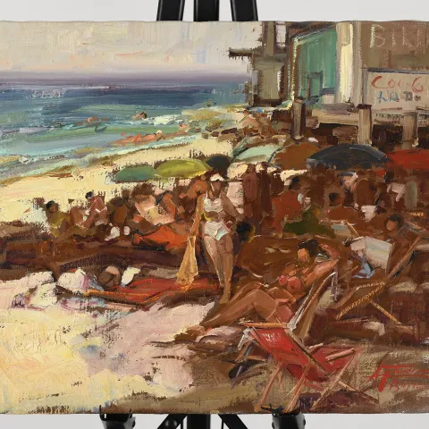 Original Oil Beach Scene By Italian Artist Gravina.