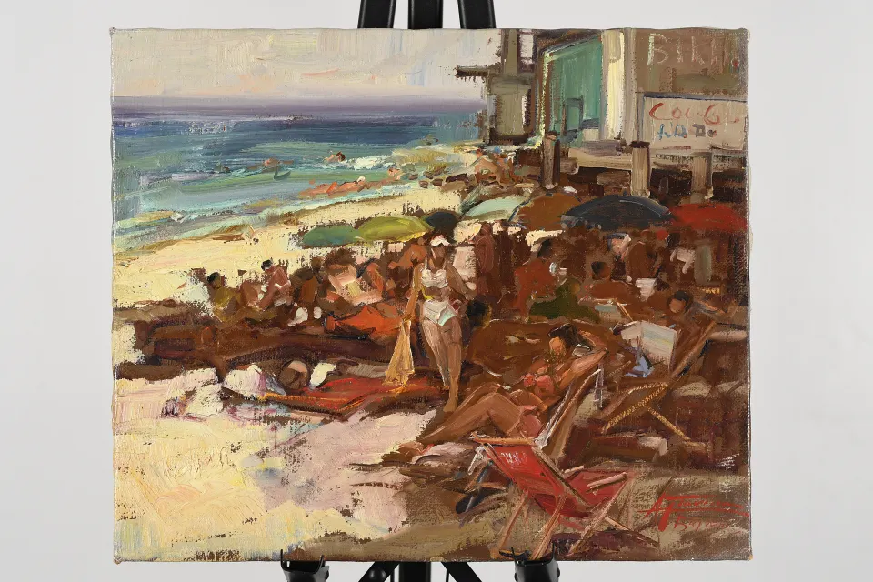 Original Oil Beach Scene By Italian Artist Gravina.