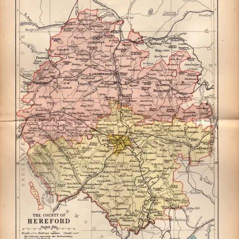 County of Herefordshire 1895 Antique Victorian Coloured Map.