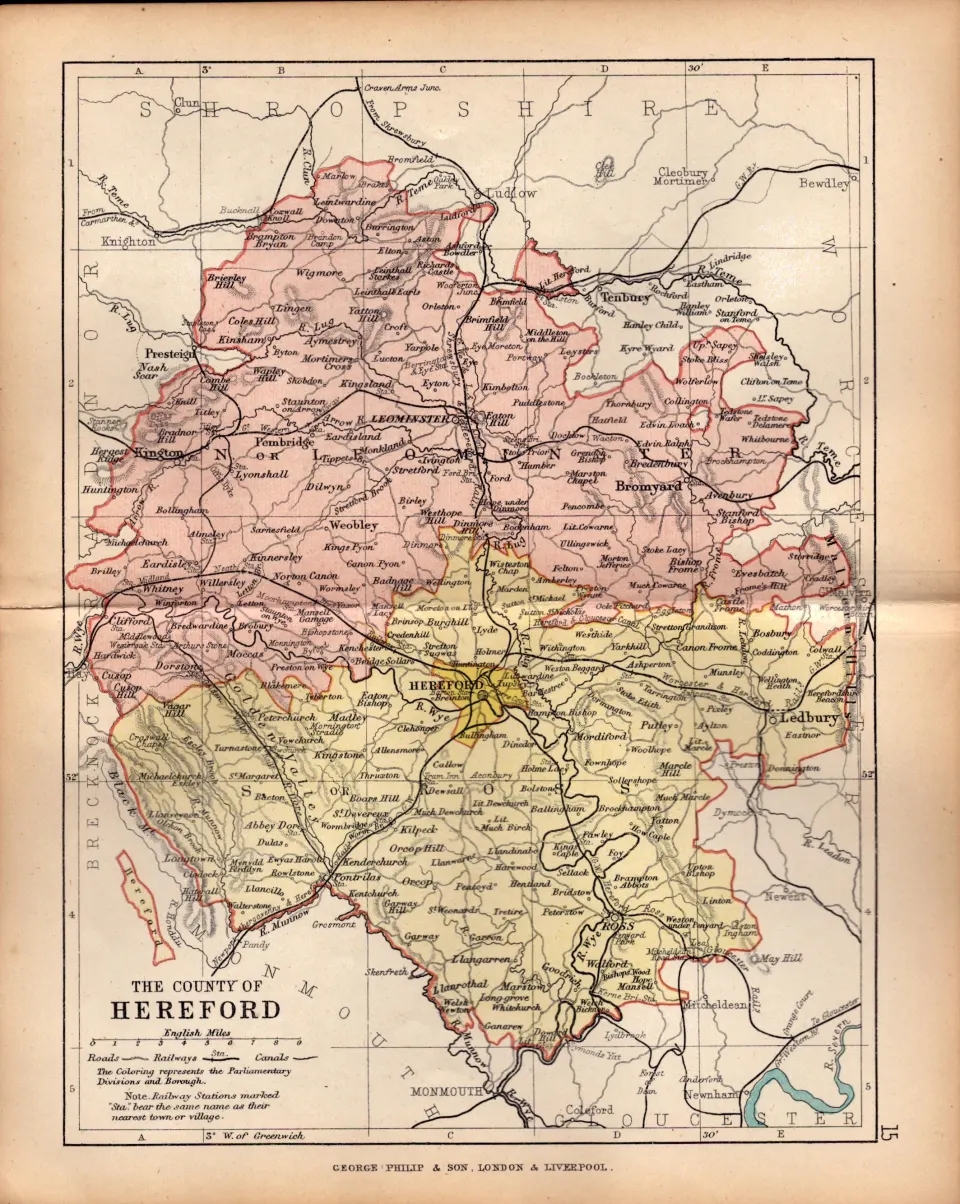 County of Herefordshire 1895 Antique Victorian Coloured Map.