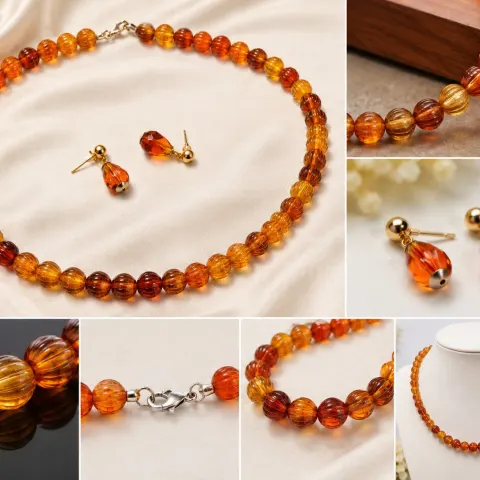 Amber-Style Beaded Necklace with Matching Drop Earrings