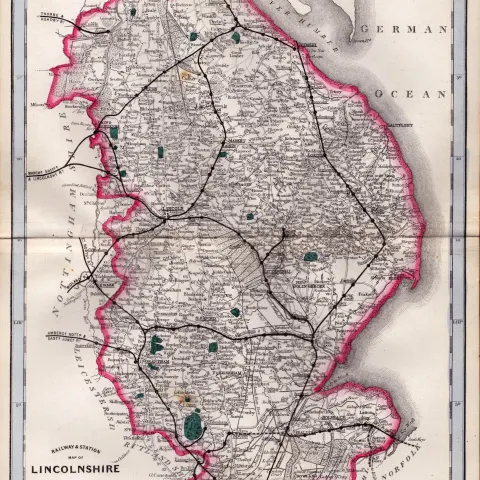 Lincolnshire Cruchley Scarce Antique Railways & Stations Coloured Map.