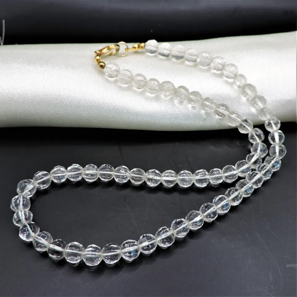 Vintage 7mm Facet Cut Rock Crystal Bead Necklace With Gift Pouch