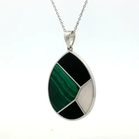 HRD Certified Malachite, Mother of Pearl & Black Onyx Pendant – 925 Sterling Silver