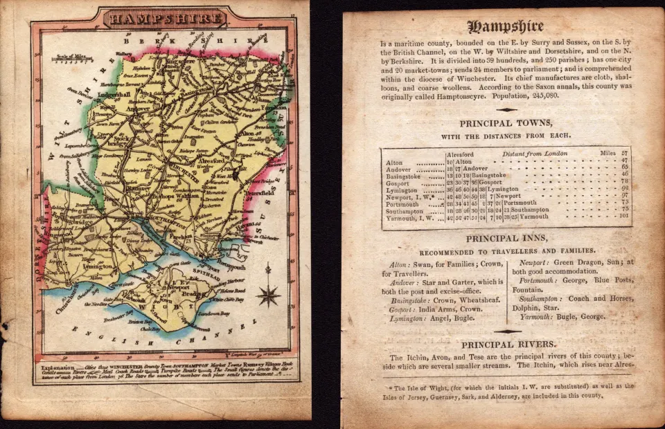 Hampshire Engraved Hand Coloured George IV. Map & Text.