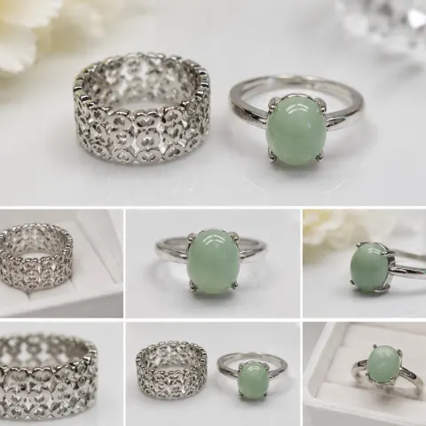 Set of Two Silver-Tone Rings – Green Cabochon & Filigree Design