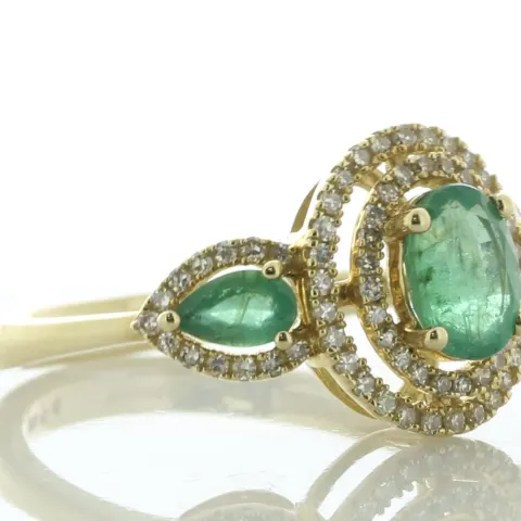 14ct Yellow Gold Oval Emerald Halo and Shoulders Diamond Ring (E1.10) 0.35 Carats