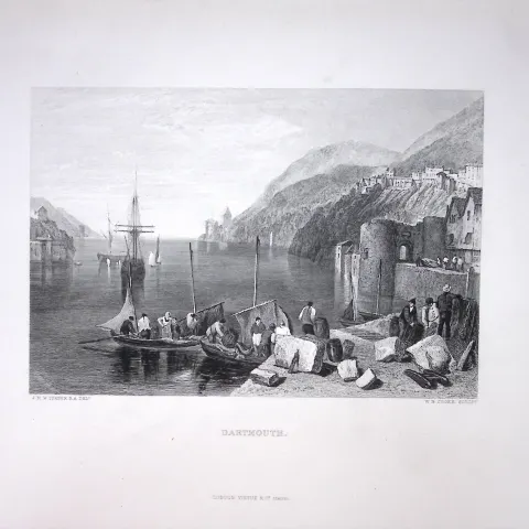 J.M.W Turner View of Dartmouth Harbour Devon Antique Steel Engraving-113-TR