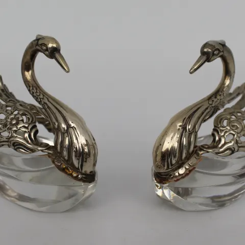 Pair of Silver & Rock Crystal Continental Swan Form Salts