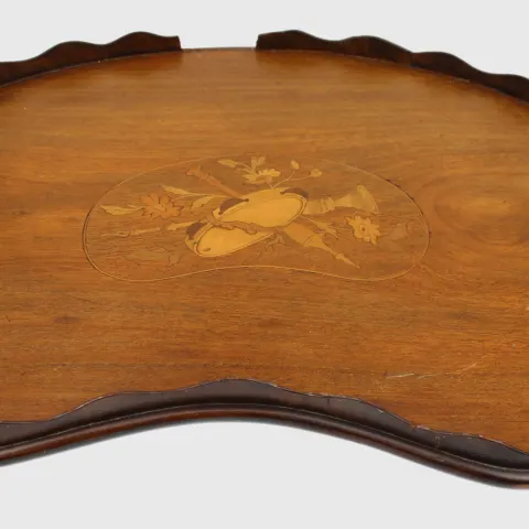 Antique Inlaid Wooden Tray with Brass Handles