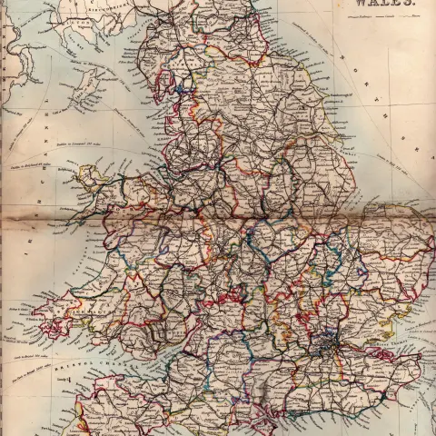 England & Wales Antique Detailed Coloured Victorian c1850 Map.