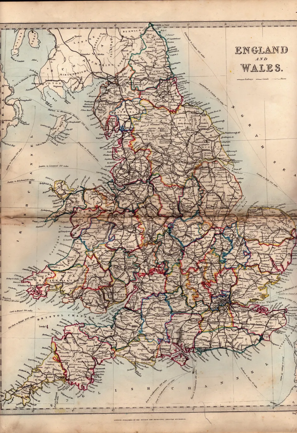 England & Wales Antique Detailed Coloured Victorian c1850 Map.