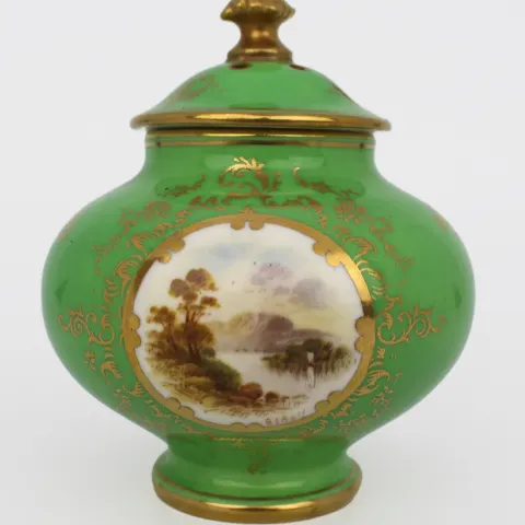 Coalport Green Ground Hand Painted Vase & Cover c.1900
