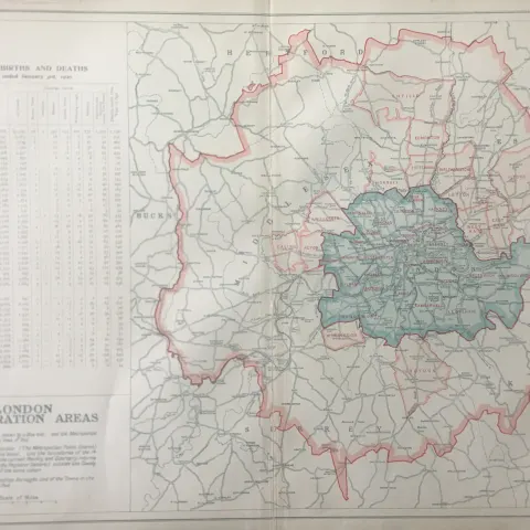 Bacons Rare Vintage London Suburbs Map London Population Births & Deaths.