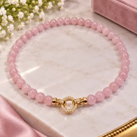 Pink Beaded Necklace with Gold Tone Crystal Clasp