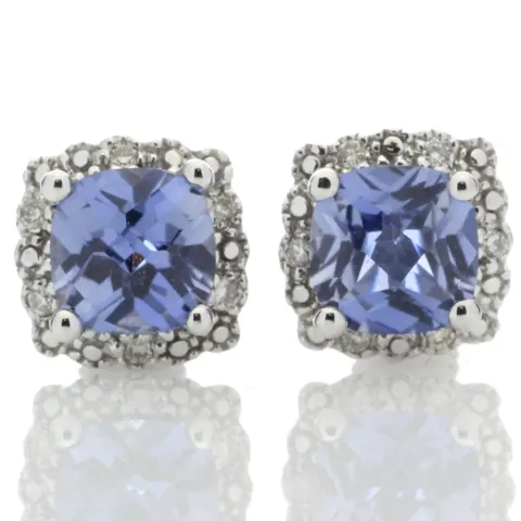 9ct White Gold Created Ceylon Sapphire Diamond Earring (S1.26) 0.06 Carats