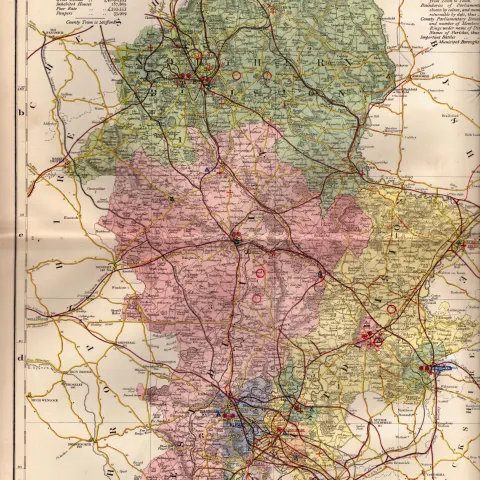 County of Staffordshire Large Victorian Letts 1884 Antique Coloured Map.