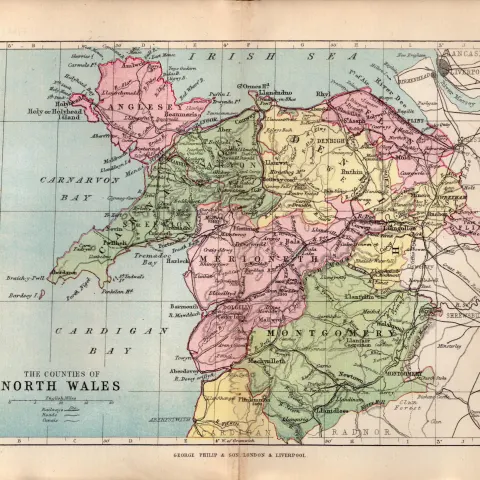 Counties of North Wales 1895 Antique Victorian Coloured Map.