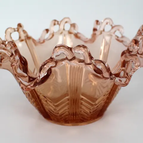 Vintage Brev Italian Pink Glass Pierced Rim Ruffled Bowl