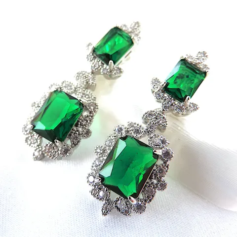 Emerald Green & White Zircon Drop Cocktail Earrings 'New'