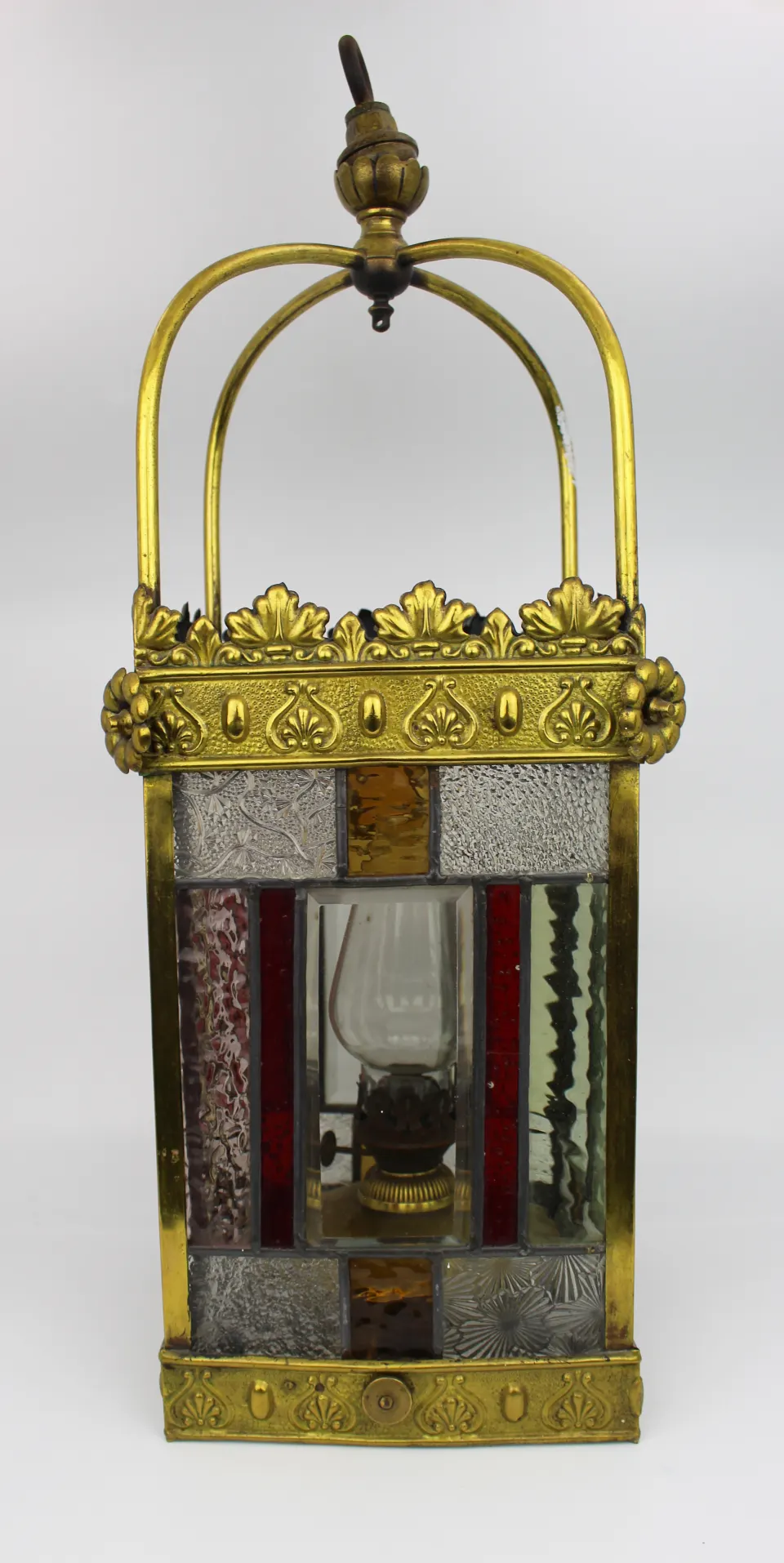 Antique Victorian Brass Lantern Stained Glass Oil Lamp Arts & Crafts
