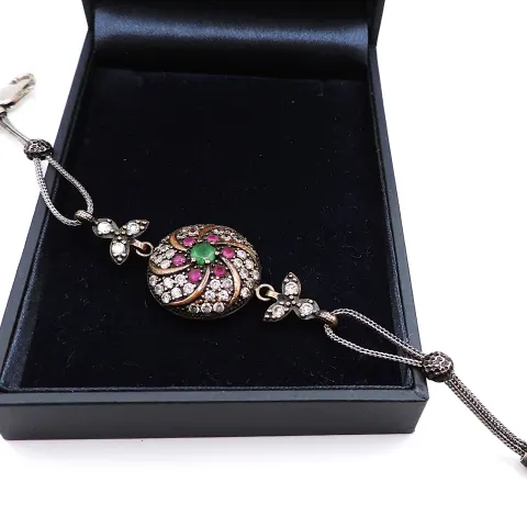 Vintage Artisan 925 Silver Emerald, Ruby Gemstone Bracelet