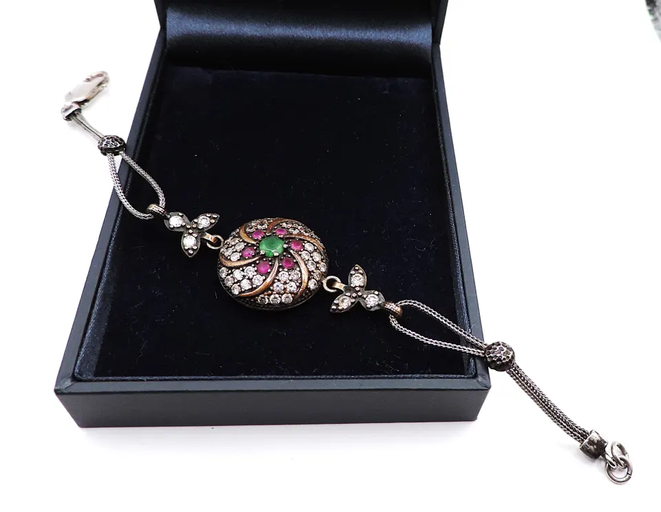 Vintage Artisan 925 Silver Emerald, Ruby Gemstone Bracelet