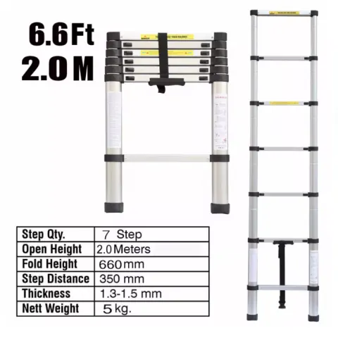 2.0M Aluminium Multi-Purpose Telescopic Ladder Extendable Indoor/Outdoor 6.6 FT Ladder Safety Gar...
