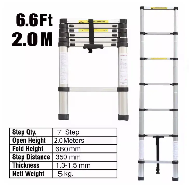 2.0M Aluminium Multi-Purpose Telescopic Ladder Extendable Indoor/Outdoor 6.6 FT Ladder Safety Gar...