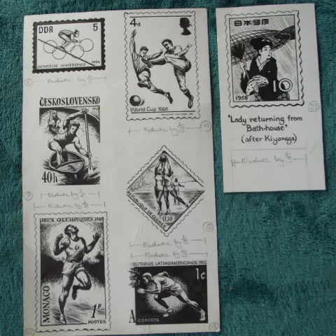 Orig. Drawings of Various National Sporting Stamps - B.L. Kearley Ltd.- Pre 1972