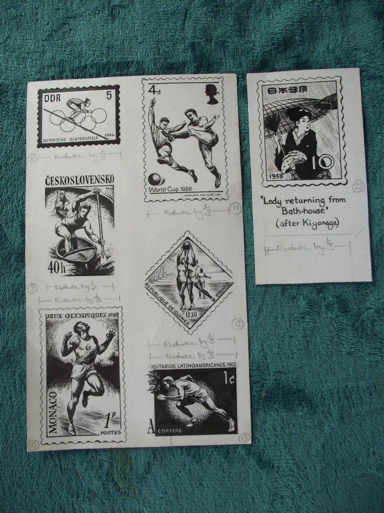 Orig. Drawings of Various National Sporting Stamps - B.L. Kearley Ltd.- Pre 1972