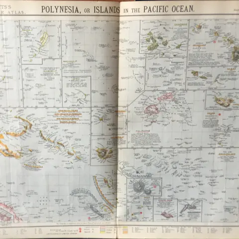 Polynesia Islands In the Pacific Ocean Letts Detailed 1883 Antique Map.