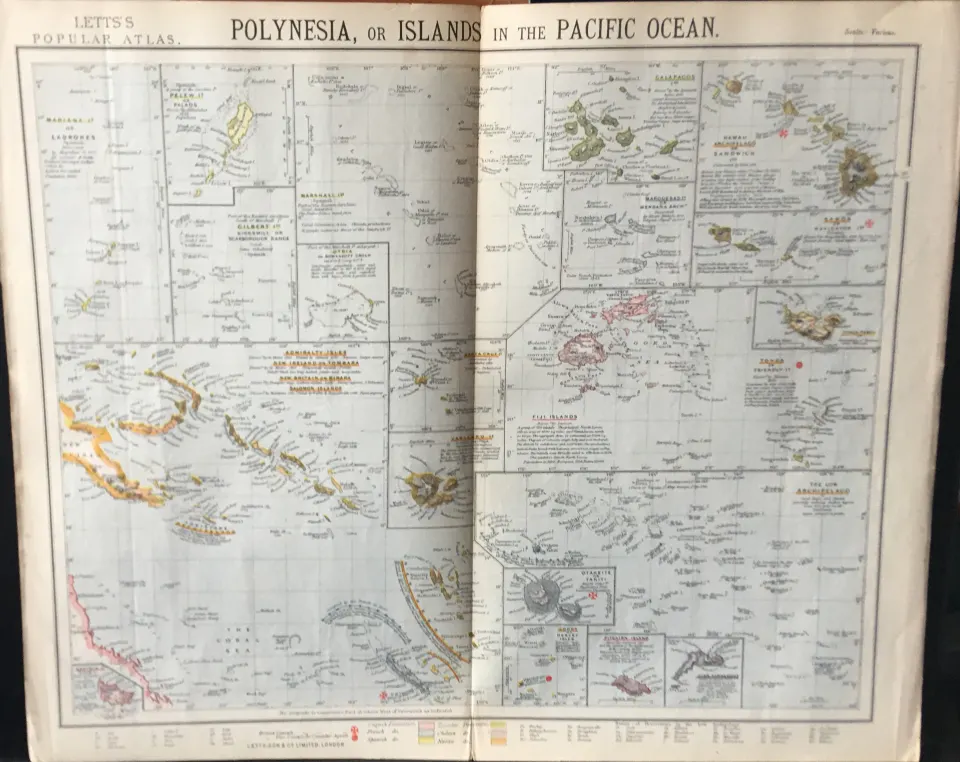Polynesia Islands In the Pacific Ocean Letts Detailed 1883 Antique Map.