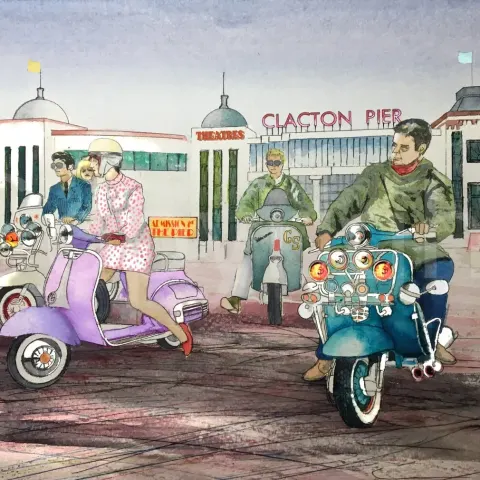 Mods Clacton Pier Vespa's & Lambretta's Nostalgic 1960's Scene Metal Wall Art