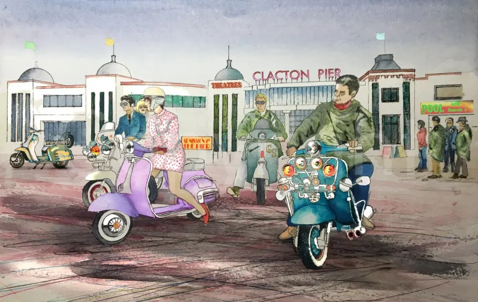 Mods Clacton Pier Vespa's & Lambretta's Nostalgic 1960's Scene Metal Wall Art