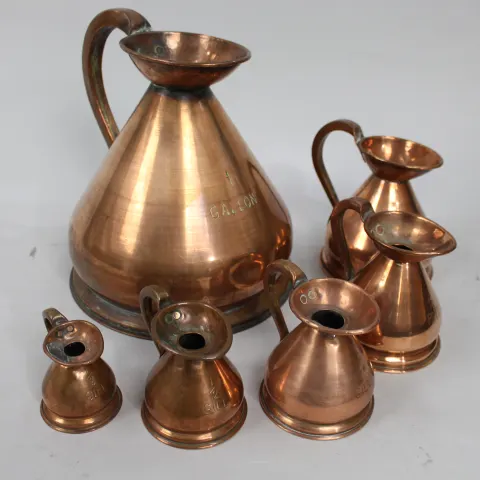 Set of 6 Antique Graduated Haystack Copper Jugs