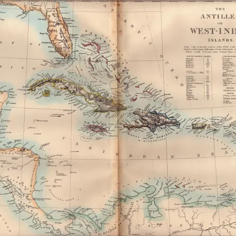 The Antilles or West Indies Islands Antique Coloured Victorian c1850 Map.