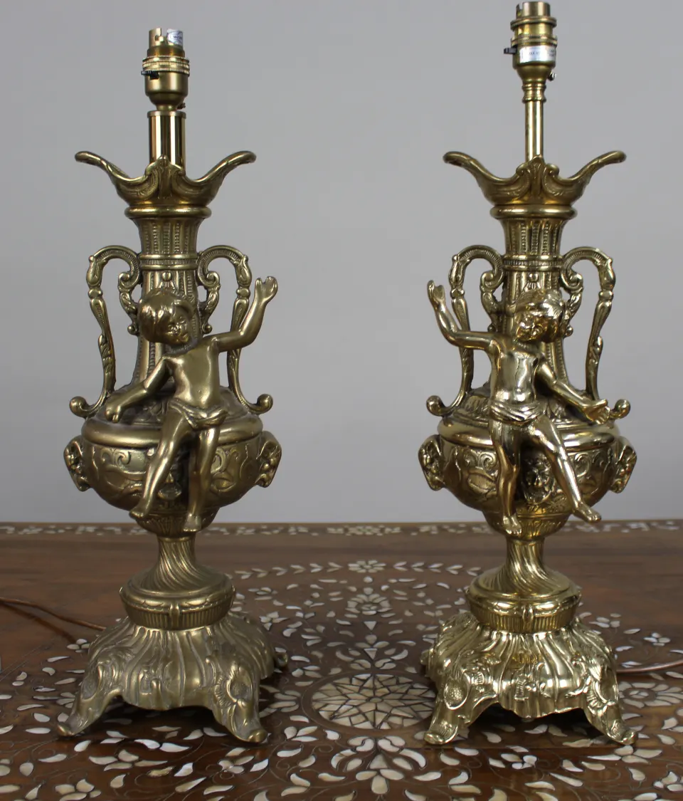 Pair of Vintage Rococo Revival Brass Cherub Table Lamps