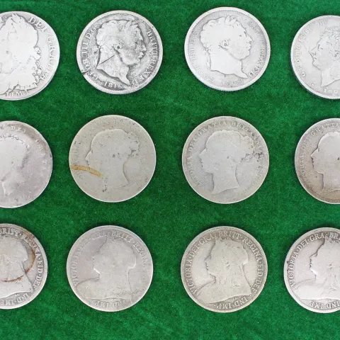 Collection of 12 One Shilling Coins 1816-1920 92.5% Ag
